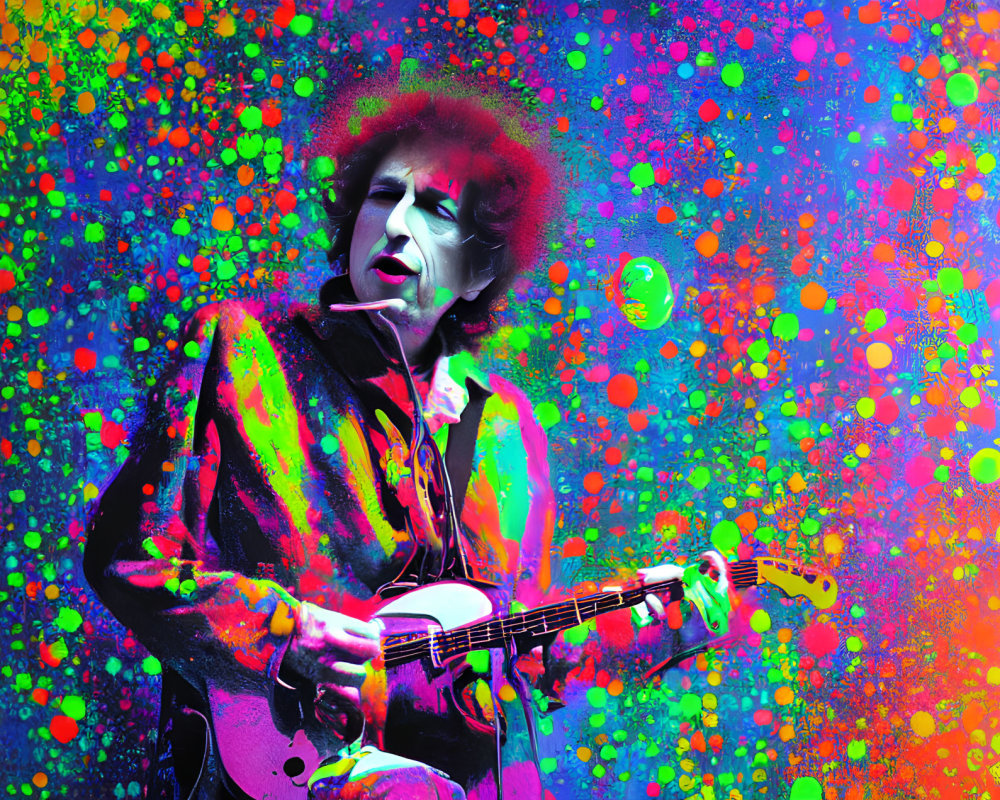 Colorful psychedelic guitarist illustration with afro and electric guitar.