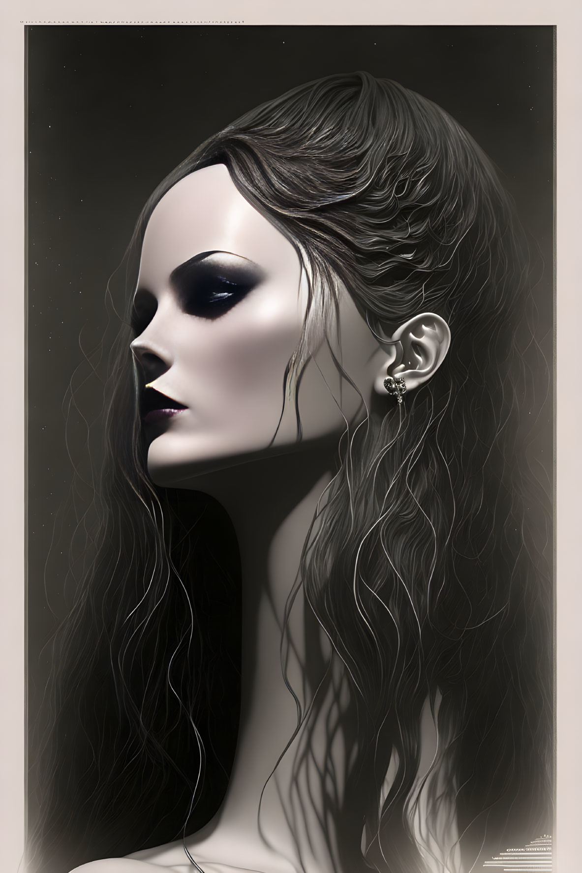 Stylized female figure with black hair and bold makeup on muted background