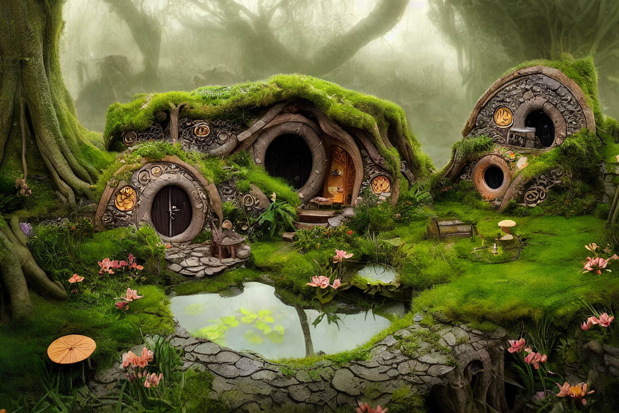 Whimsical hobbit-style houses in enchanted forest setting