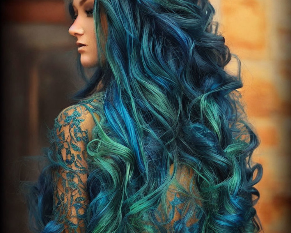 Blue-haired woman in lace dress showcasing vibrant colors and curls