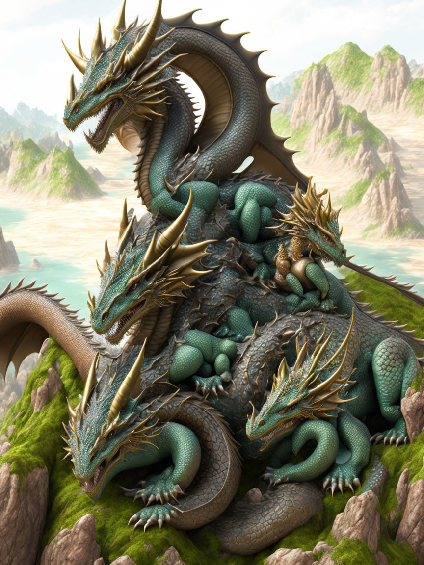 Digital artwork featuring family of dragons with emerald scales on mossy rock in mountainous landscape by serene