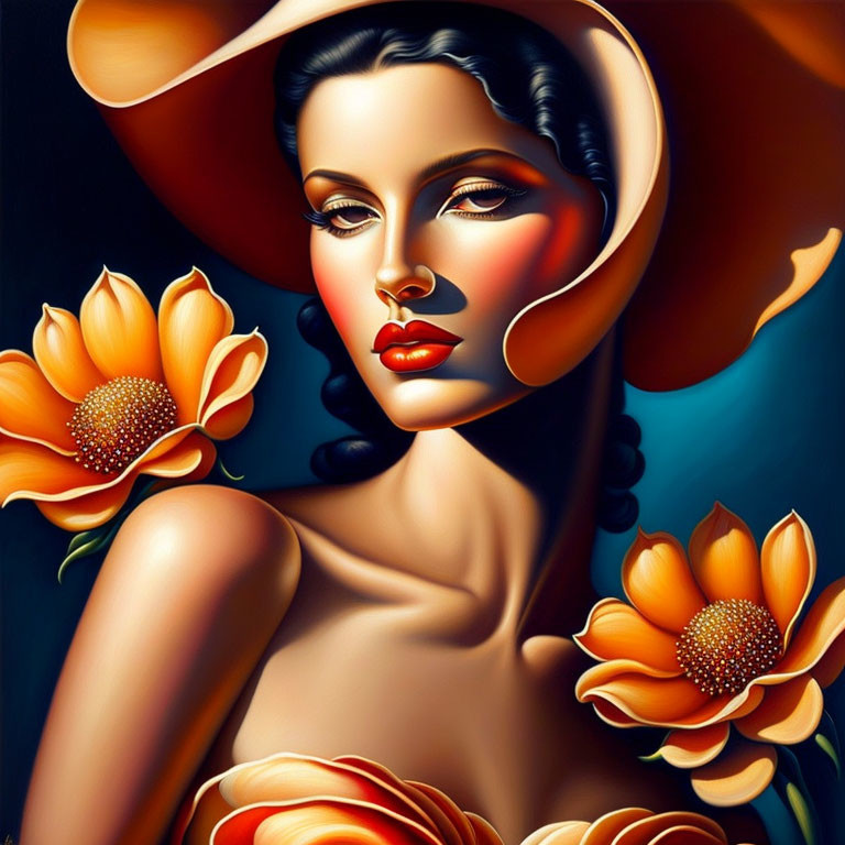 Vibrant portrait of a woman in wide-brimmed hat with orange flowers