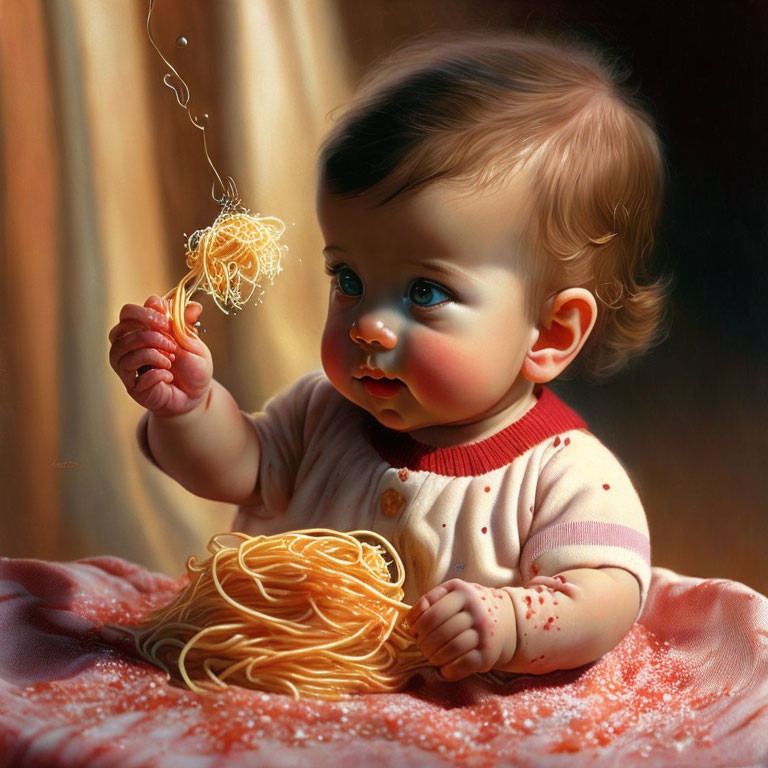 Baby with big eyes in red & white outfit playing with messy spaghetti