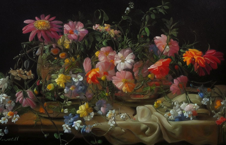 Classic Still Life Painting: Vibrant Flowers in Bowl with Draped Fabric on Dark Background