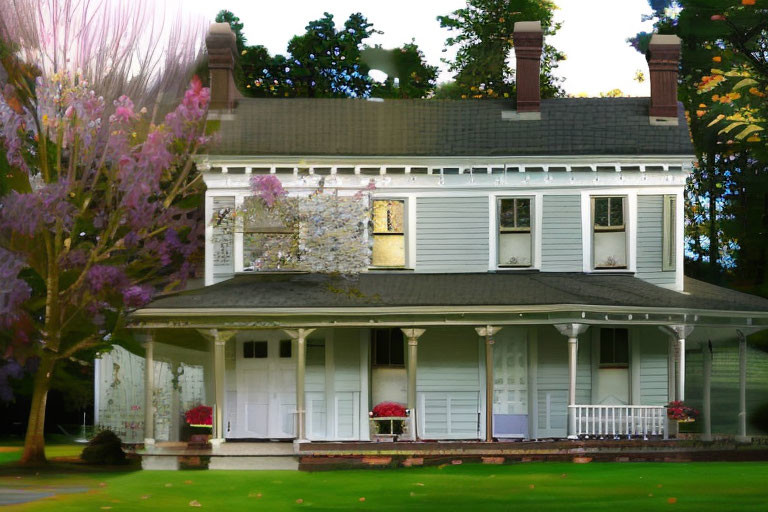 White Two-Story House with Wraparound Porch and Green Shutters