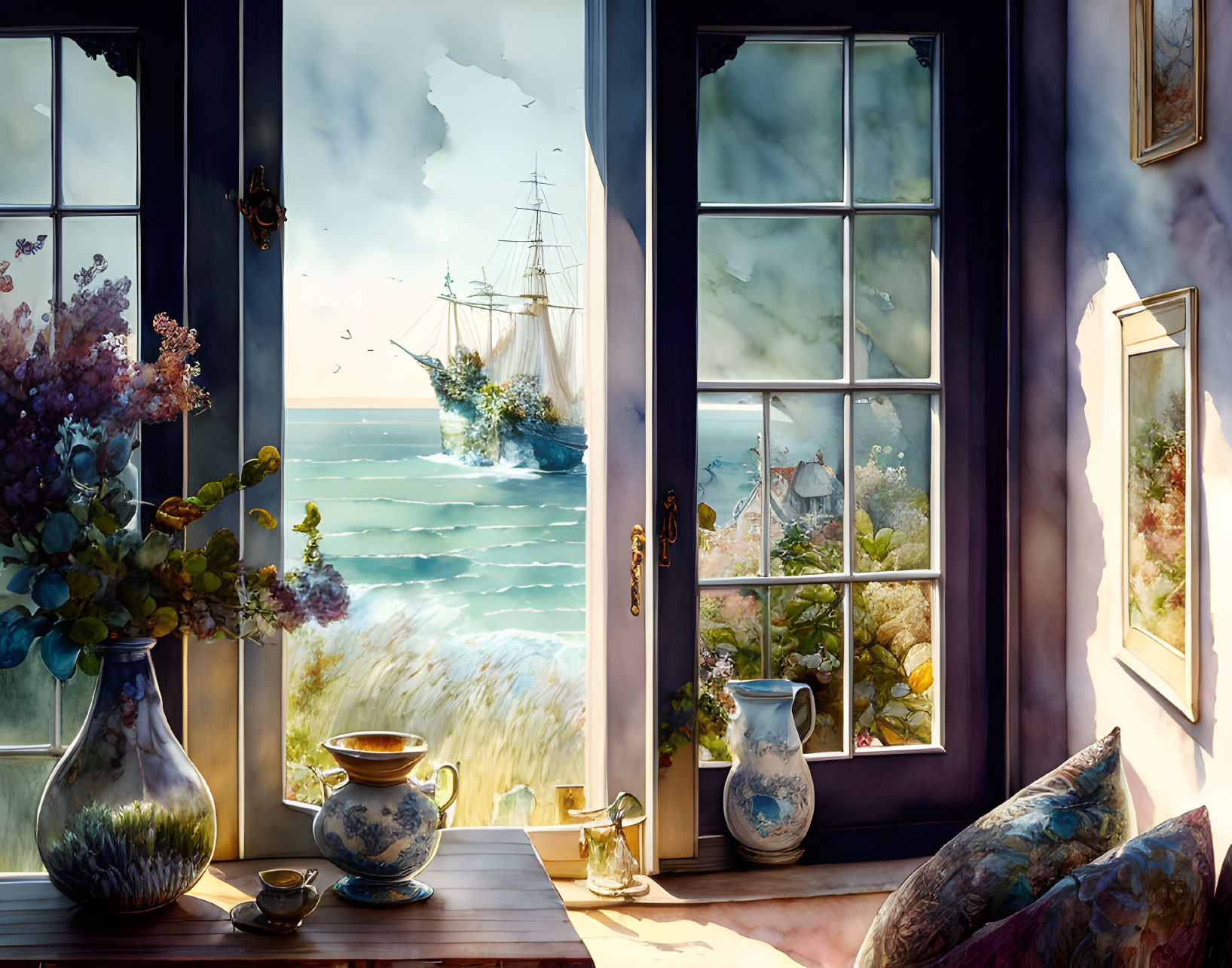 Tranquil room with vintage sailing ship, flowers, vases, and teapot by open window