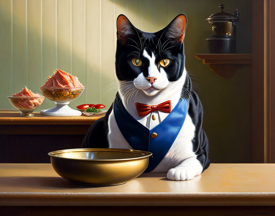 Tuxedo cat in bow tie at table with seafood and golden bowl in classic room