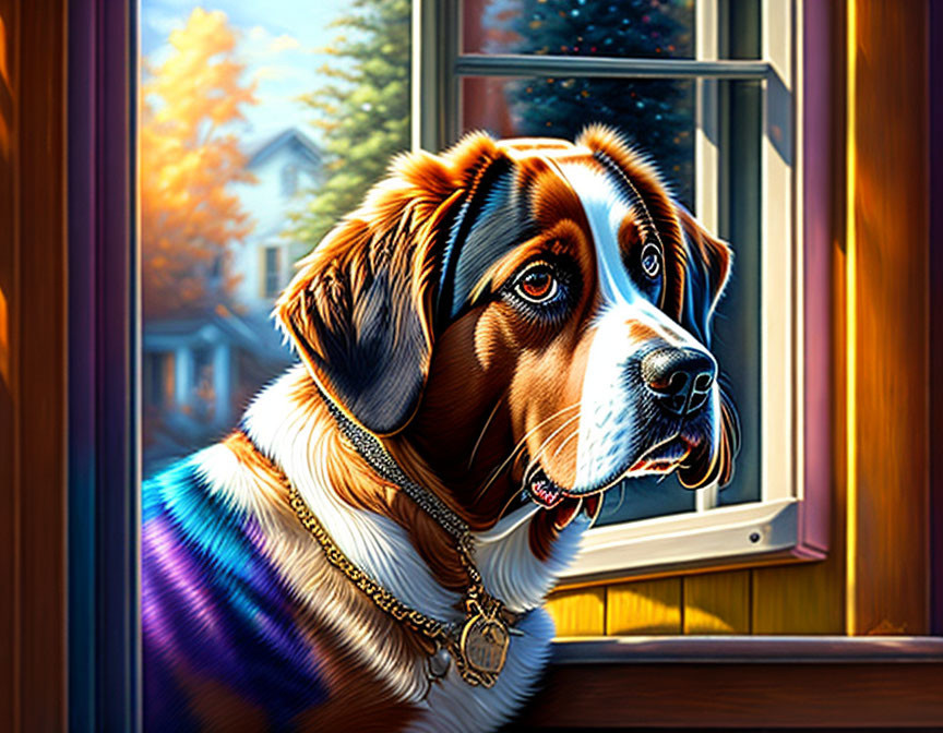 Vibrant illustration of attentive dog at sunny window