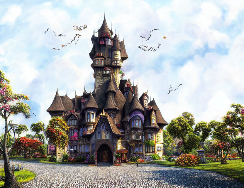 Fantasy castle with cobblestone path, gardens, and flying birds