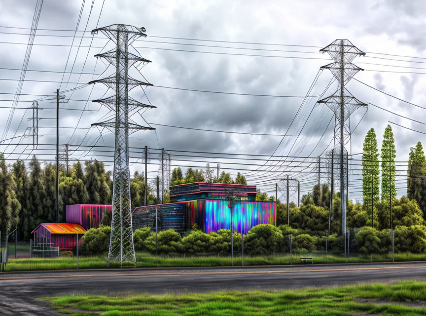 Vibrant murals adorn modern building under dramatic sky.