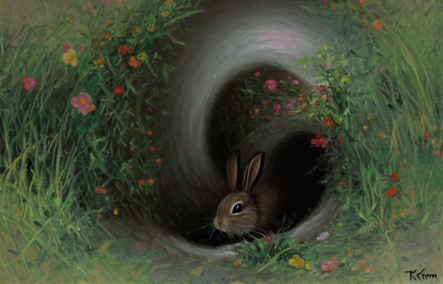 Brown rabbit peeking from dark burrow in grass with wildflowers