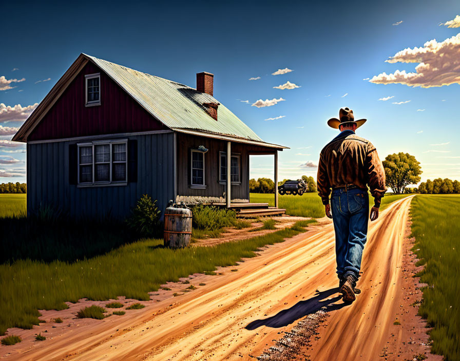 Cowboy walking from rustic house in rural landscape under clear blue sky