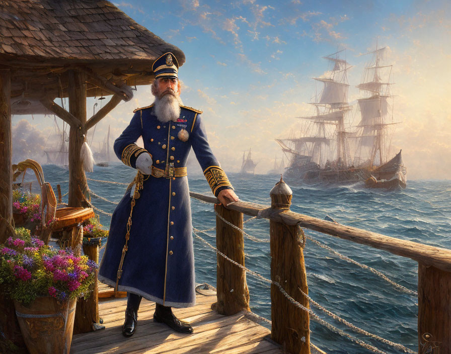 Bearded naval officer in blue uniform on pier with tall ships and foggy sea