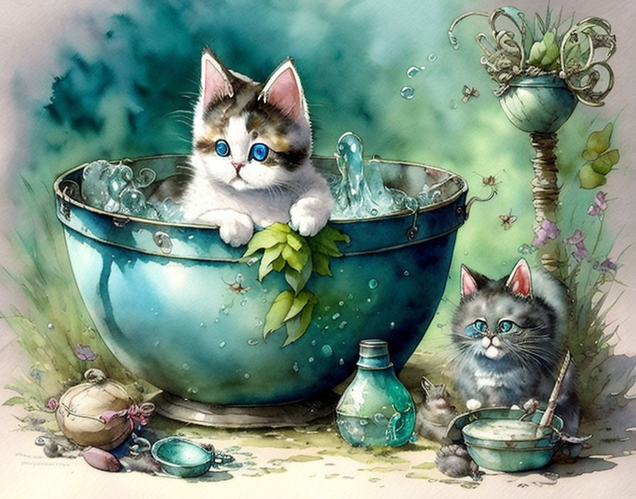 Two kittens playing near a blue water bowl and sink accessories