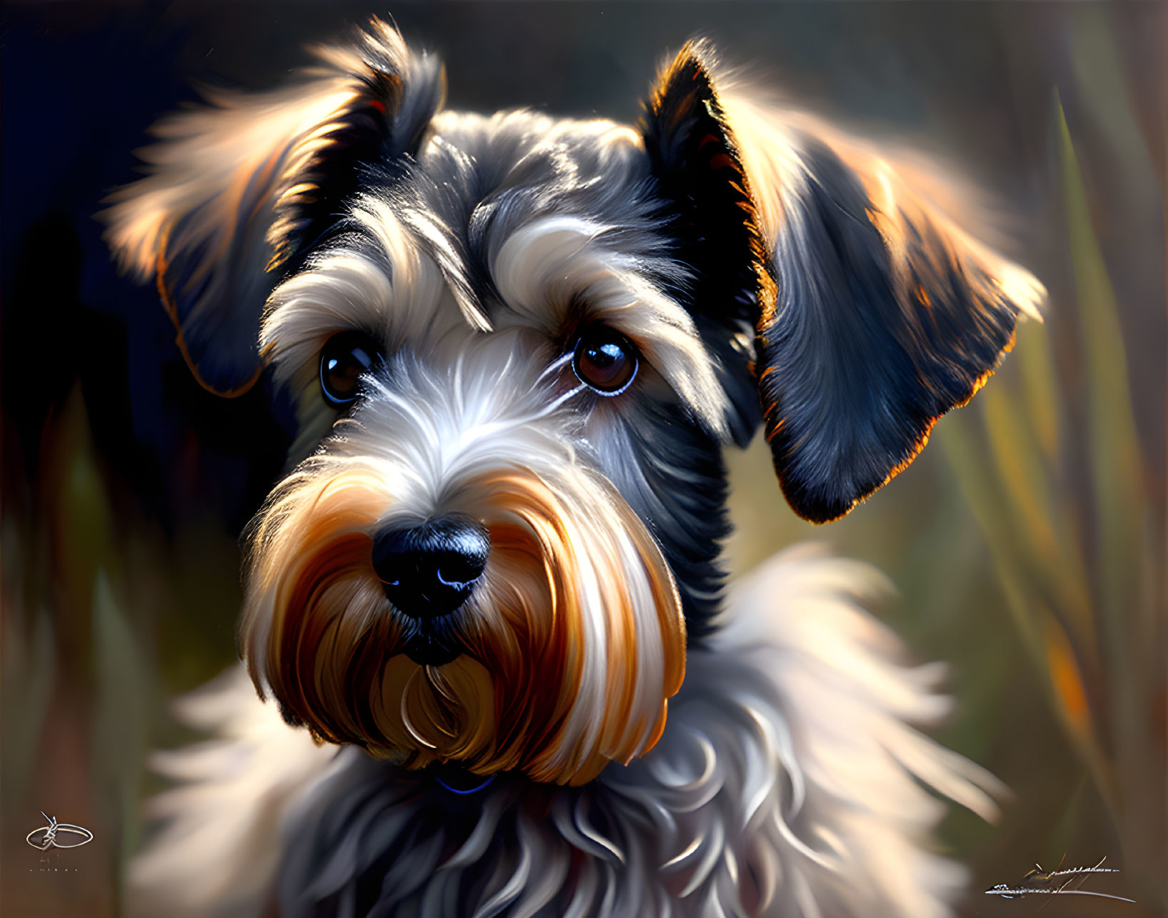 Detailed Digital Painting of Black and Tan Dog with Attentive Eyes