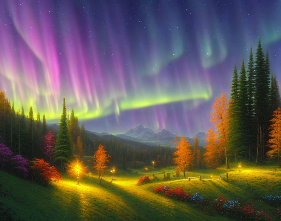 Majestic Aurora Borealis over Colorful Forest Meadow at Twilight