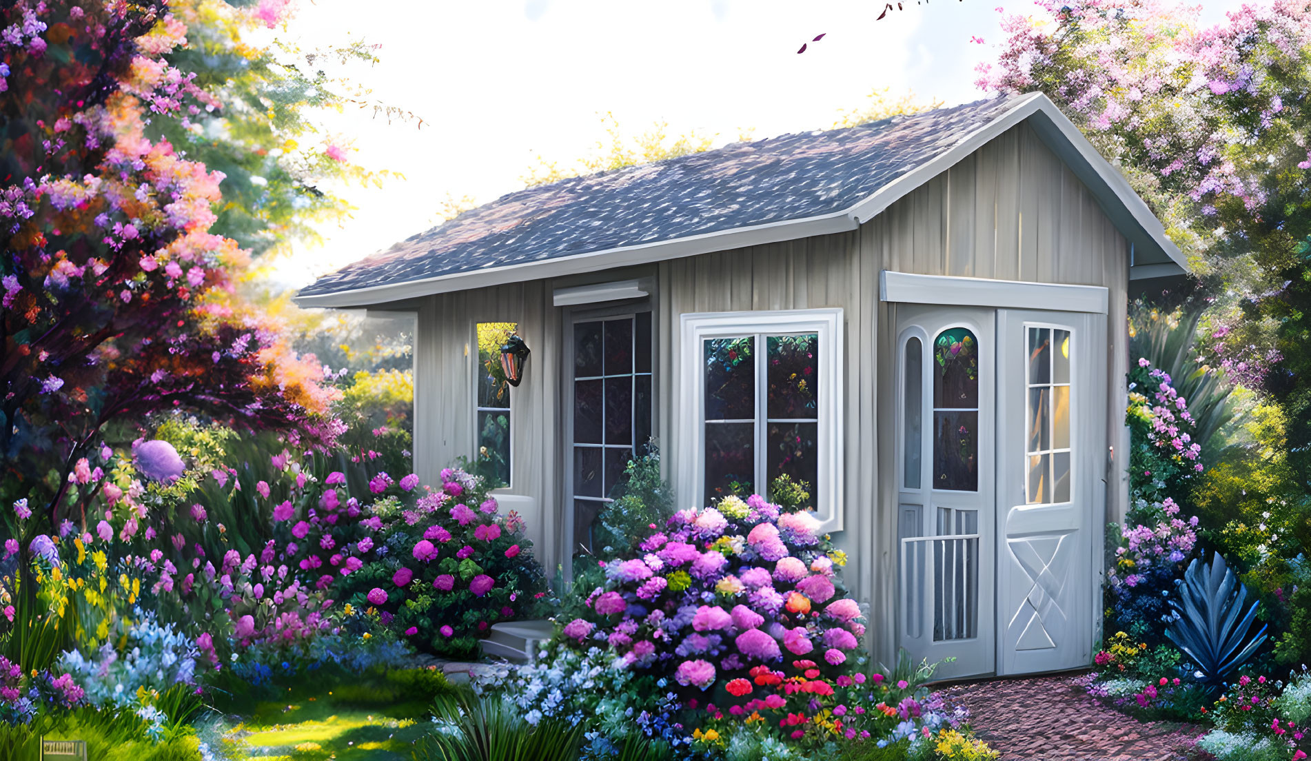 Colorful garden shed surrounded by vibrant flowers and lush greenery