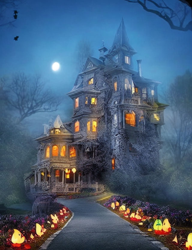 Victorian mansion at night with moonlit sky and glowing garden