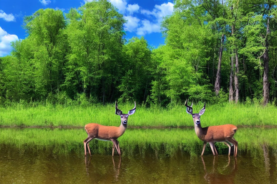 Two deer in shallow water with lush green forest and blue sky - serene nature scene