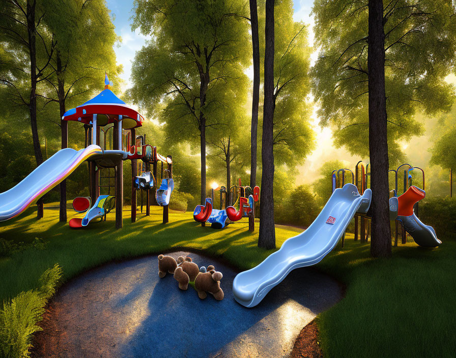 Vibrant playground in sunny forest with slides and swings, teddy bears in foreground