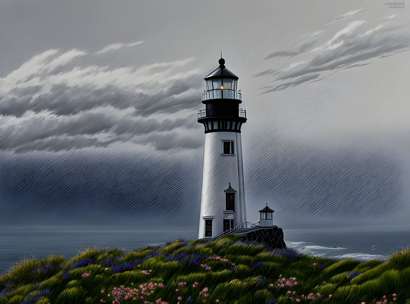 Lighthouse on Cliff with Stormy Sea Background