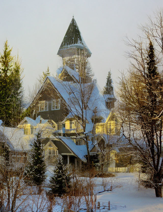 Quaint house with green-roof tower in snowy winter scene