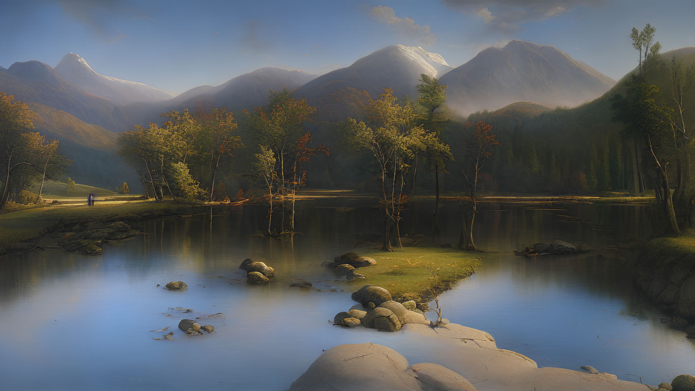 Serene landscape: reflective lake, autumn trees, misty mountains