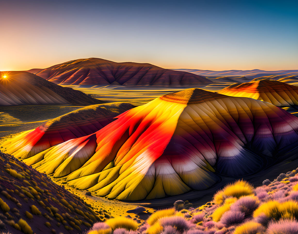 Vibrant sunset over colorful layered hills in surreal landscape