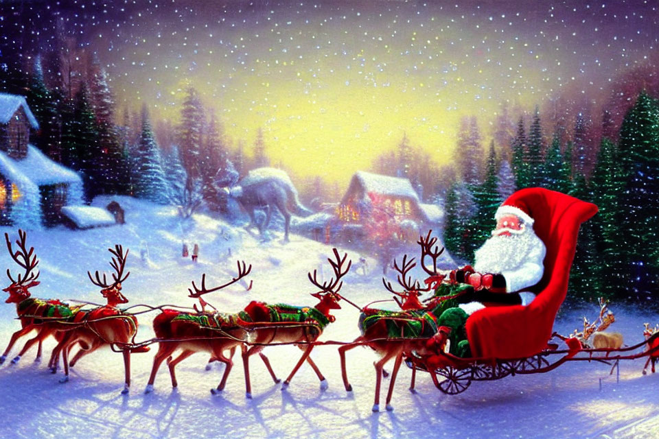 Santa Claus on sleigh with reindeer in snowy village at night