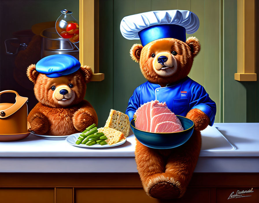 Two teddy bears in chef's attire preparing a meal with bread and ham.