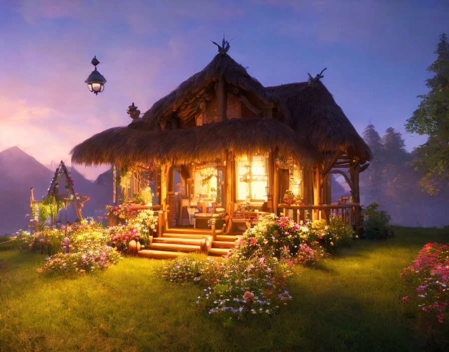 Thatched cottage among flowers with illuminated windows at twilight