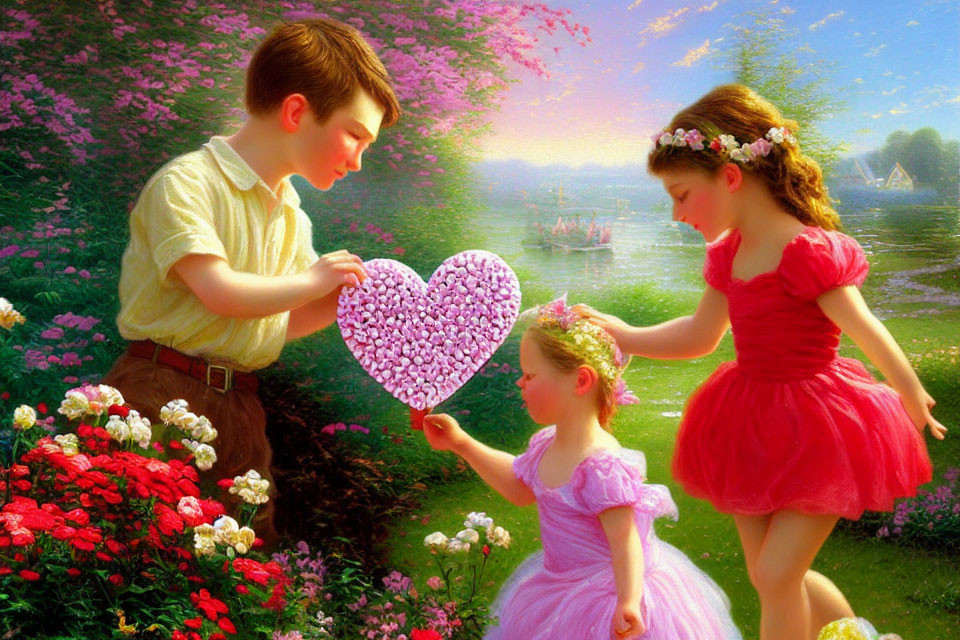 Children presenting heart-shaped object in flower-filled landscape at sunset