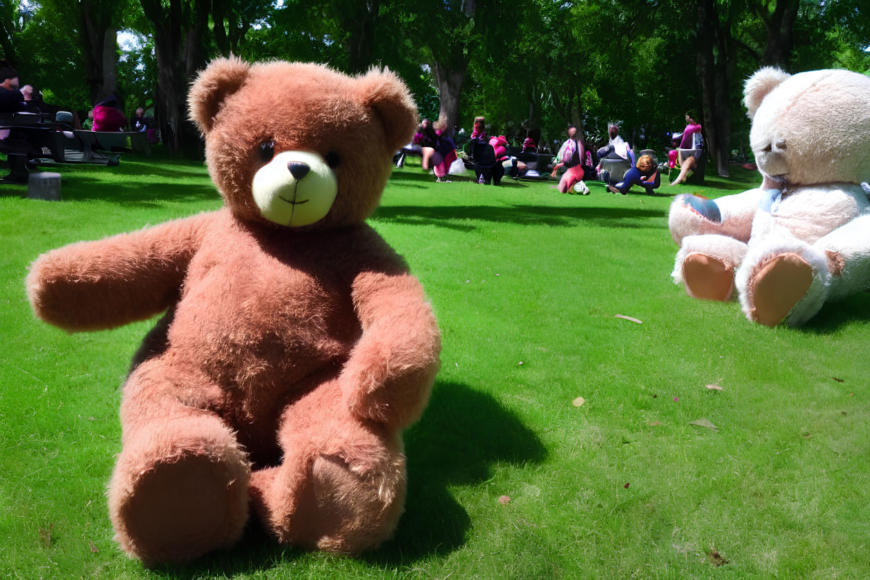 Brown Teddy Bear Sitting in Park with People and Another Bear