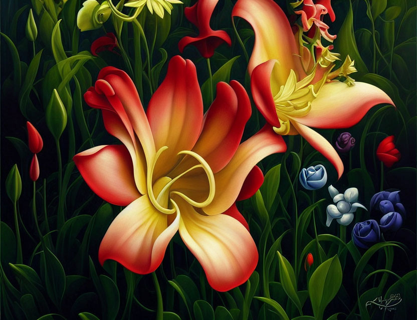 Colorful Floral Painting with Red and Yellow Twisty Flower in Lush Greenery