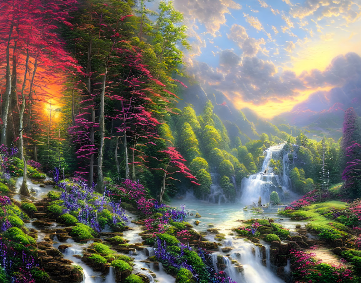 Lush forest with waterfall, colorful foliage, sunlight, and purple flowers