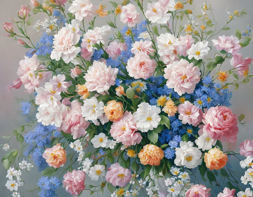 Pink Roses, White Daisies, Blue Flowers on Grey Background