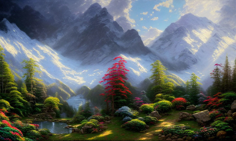 Tranquil landscape with red tree, pond, flora, and mountains.