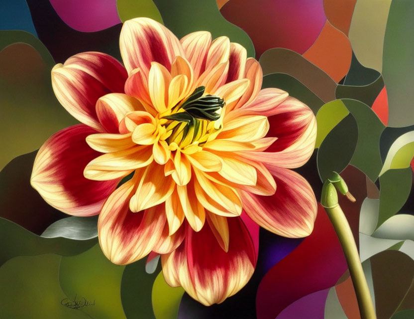 Detailed painting of large yellow and orange flower with bee on colorful abstract background