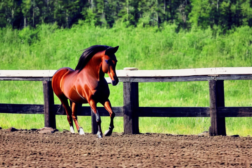 Chestnut horse running by white fence in lush green forest