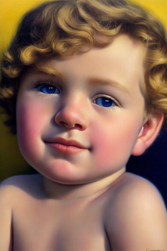 Young child with curly hair and blue eyes on yellow background