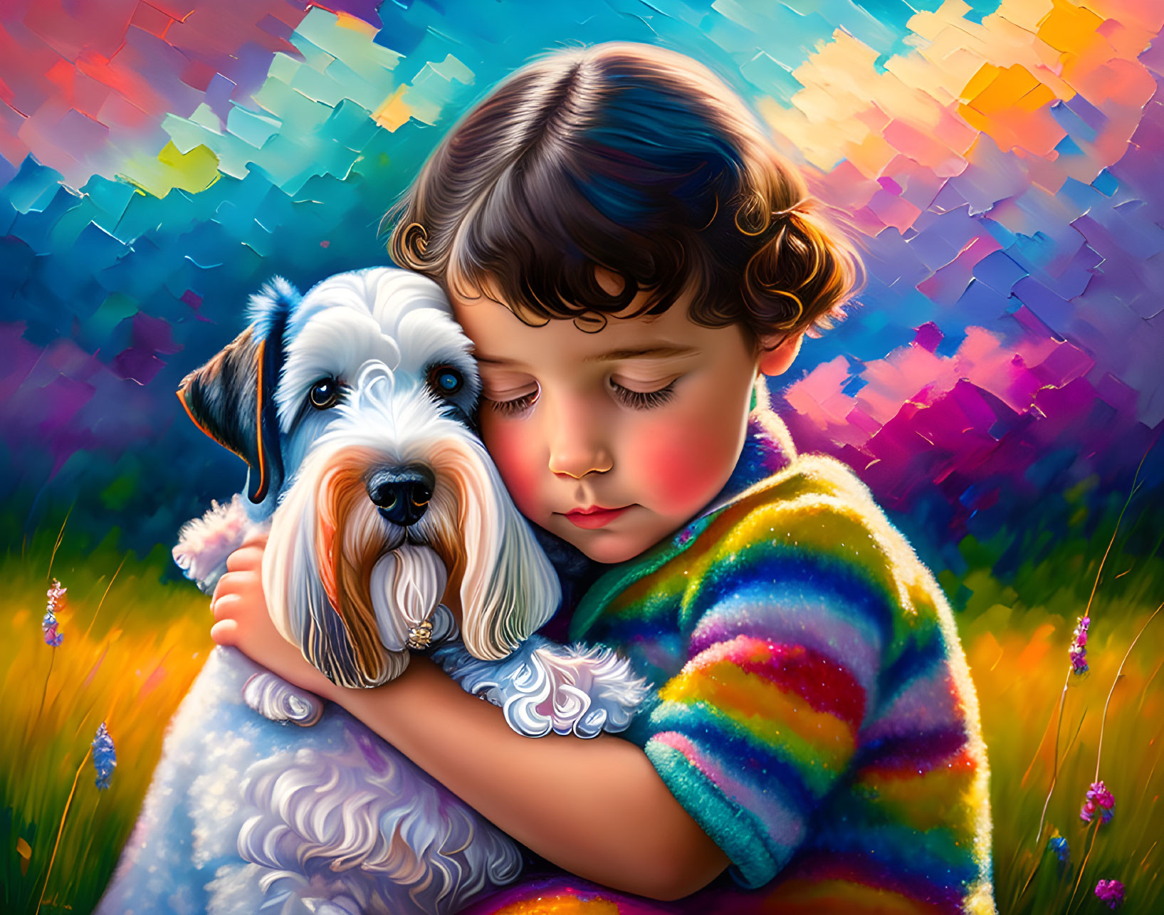 Child in Colorful Sweater Embraces Fluffy Dog on Mosaic Background