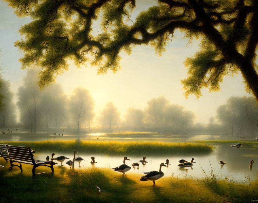 Tranquil park scene at sunrise with ducks, bench, and misty trees.