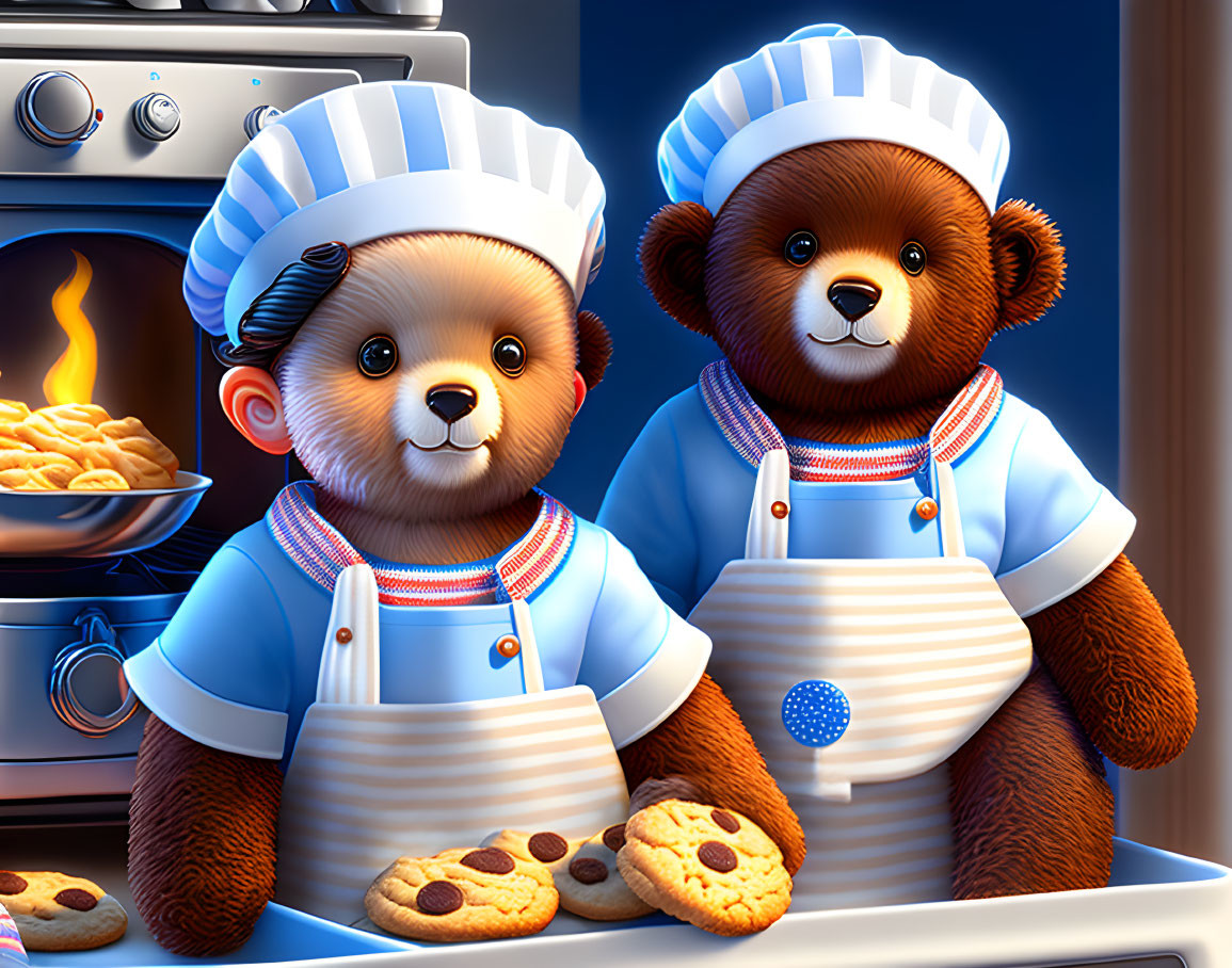 Cartoon bears dressed as chefs in kitchen scene with baked goods