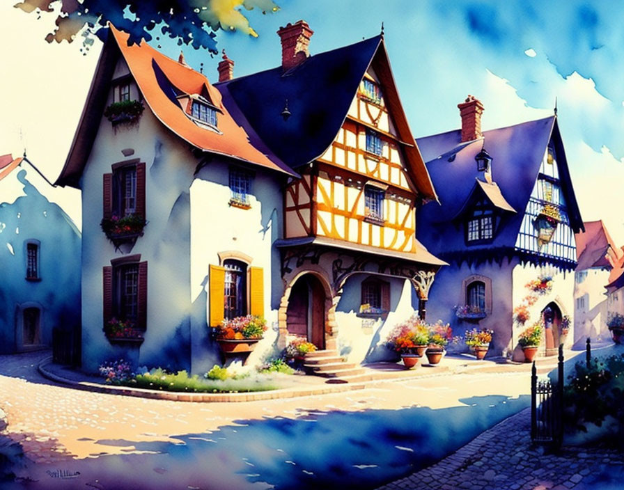 Colorful illustration of quaint village street with half-timbered houses, flowers, and blue sky