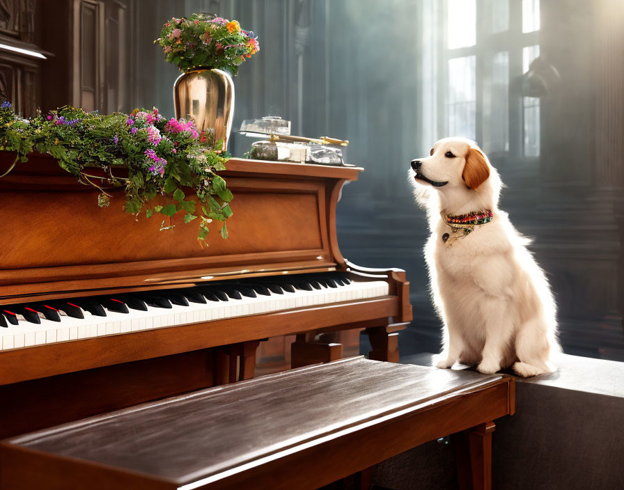 Golden retriever puppy sitting beside a piano in sunlit room