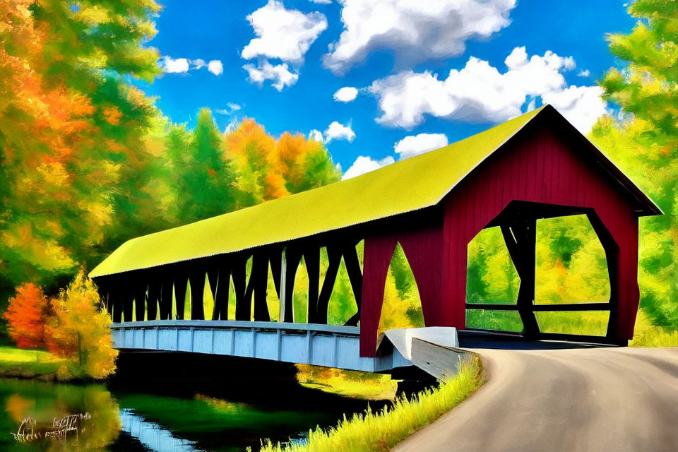 Colorful autumn scene: Red covered bridge over calm river amid vibrant trees