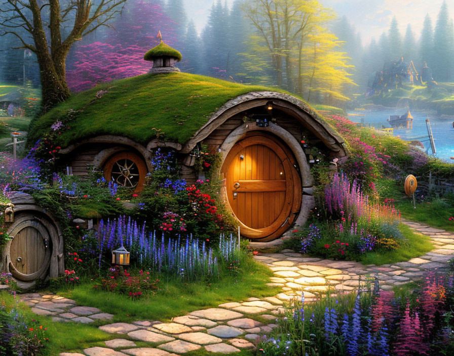 Quaint hobbit-style house with round door in lush setting