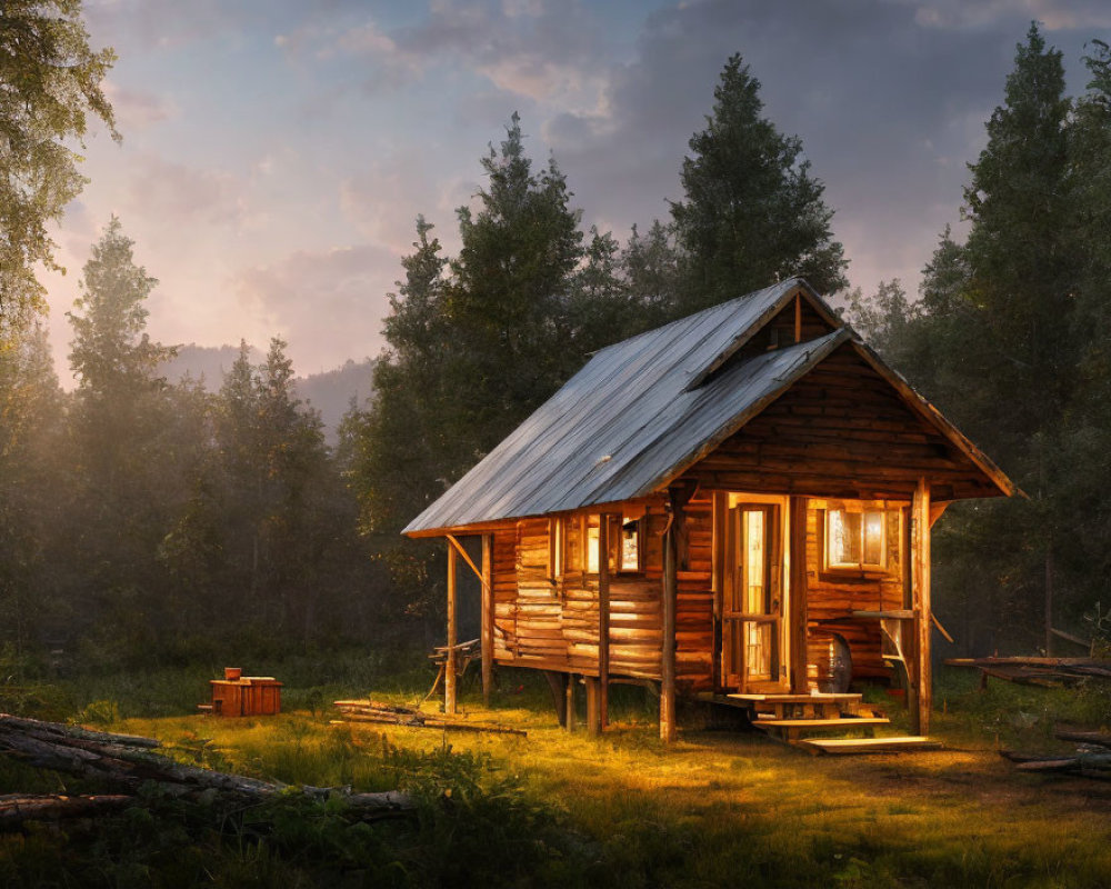 Rustic wooden cabin in forest setting at golden hour