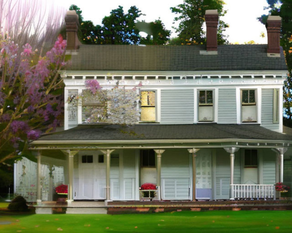 White Two-Story House with Wraparound Porch and Green Shutters