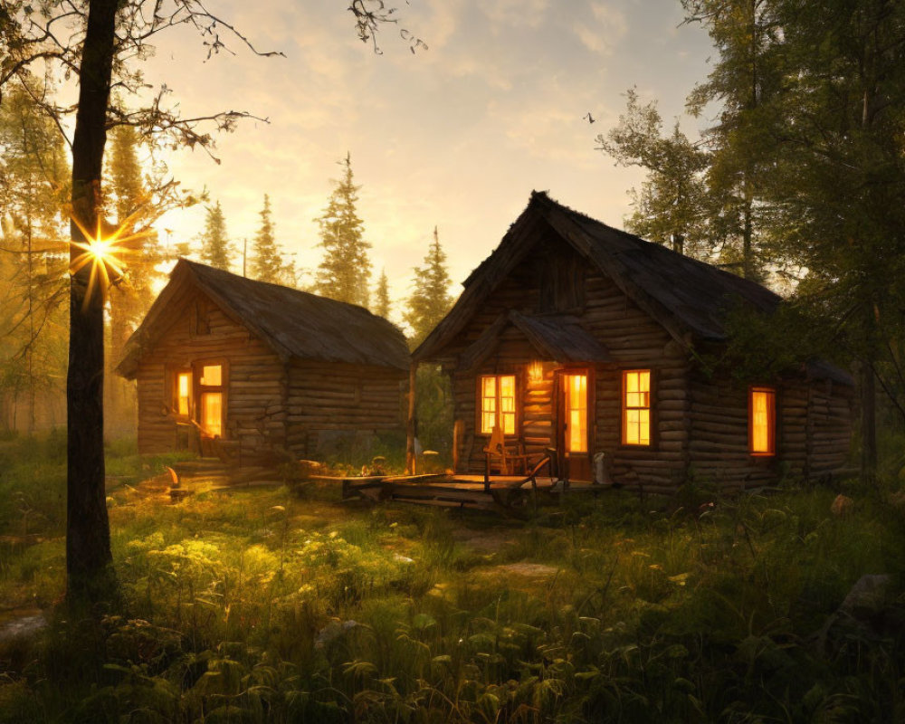 Rustic log cabins in forest at sunrise with warm light